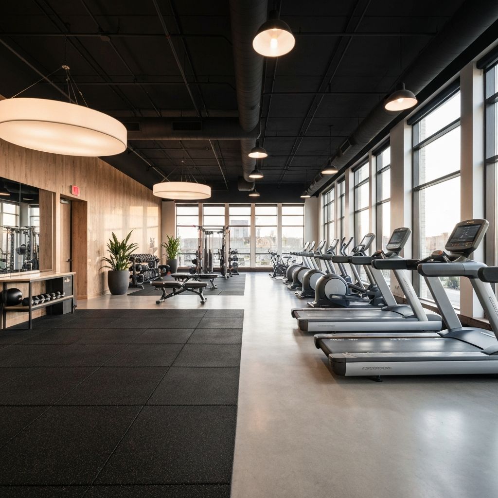 Modern commercial gym interior with rows of professional fitness equipment